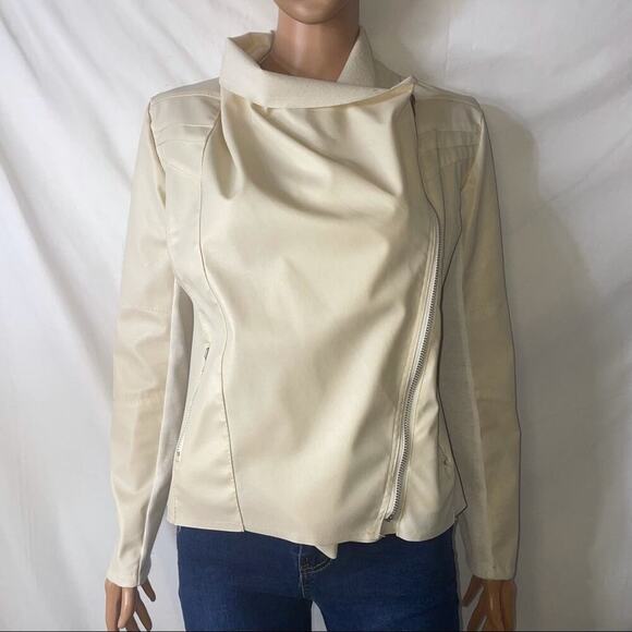 Cream/Vanilla colored jacket pleather draped open front asymmetrical zip SZ Sm - Picture 13 of 13